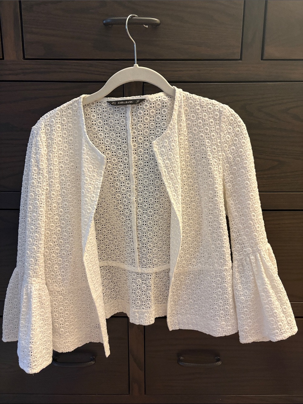 Zara White Eyelet Crochet Open Front Jacket